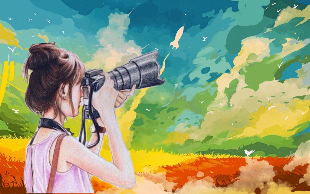 girl with camera landscape drawing