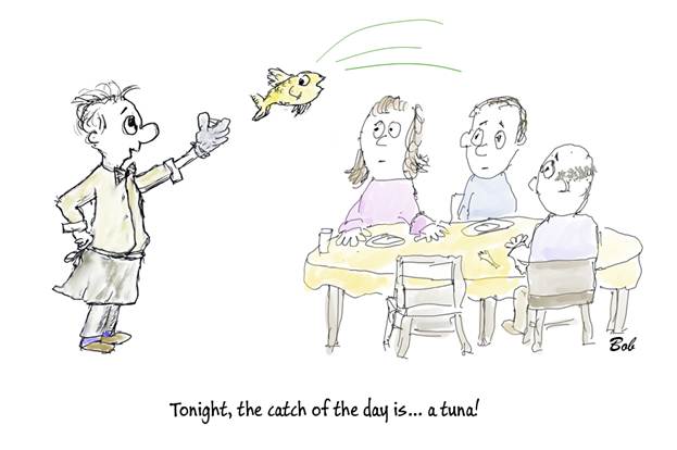 Cartoon Waiter catch of the day